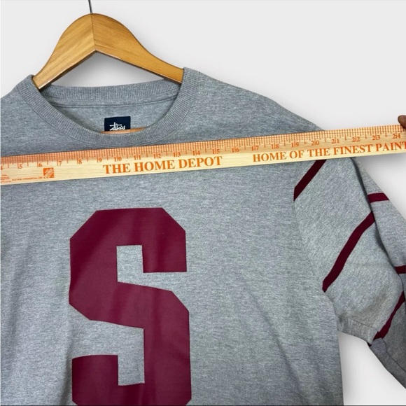 Vintage Stussy Sweatshirt Mens Large Gray Big S Logo Print Striped Sleeve Preppy - Picture 8 of 13